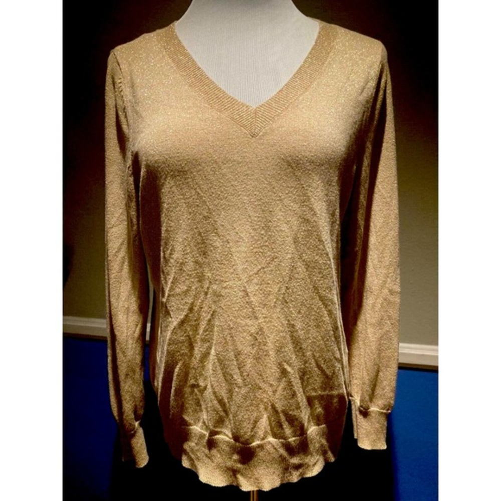 LANE BRYANT *gold glitter‎ knit SWEATER size 14/16 Long sleeve v-neck pullover